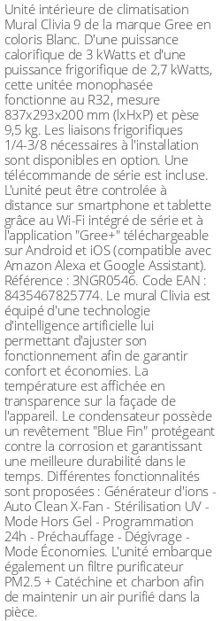 Split mural Clivia 9 - 3 kWatts Blanc - R32 - Gree - Réf : 3NGR0546