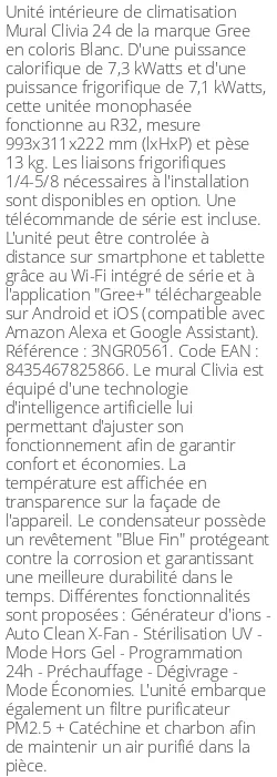 Split mural Clivia 24 - 7.3 kWatts Blanc - R32 - Gree - Réf : 3NGR0561