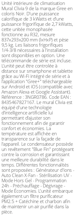 Split mural Clivia 9 - 3 kWatts Noir - R32 - Gree - Réf : 3NGR0786