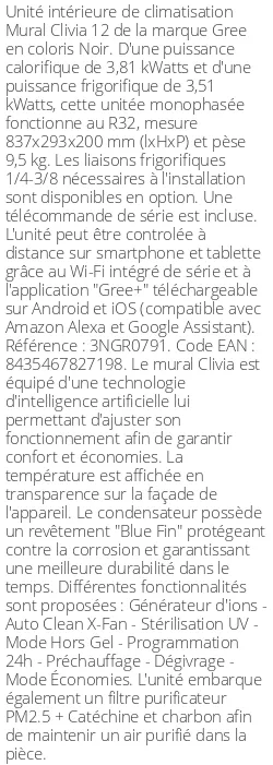Split mural Clivia 12 - 3.81 kWatts Noir - R32 - Gree - Réf : 3NGR0791