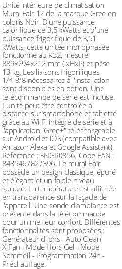 Split mural Fair 12 - 3.5 kWatts Noir - R32 - Gree - Réf : 3NGR0856