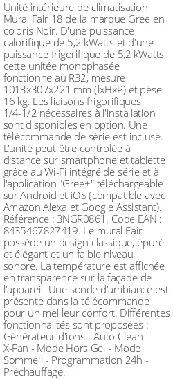 Split mural Fair 18 - 5.2 kWatts Noir - R32 - Gree - Réf : 3NGR0861