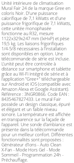 Split mural Fair 24 - 7.1 kWatts Noir - R32 - Gree - Réf : 3NGR0866