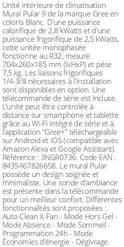 Split mural Pular 9 - 2.8 kWatts - R32 - Gree - Réf : 3NGR0736