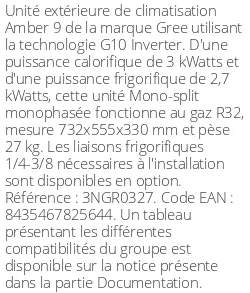 Unité extérieure Amber 9 3 kWatts - R32 - Gree - Réf : 3NGR0327
