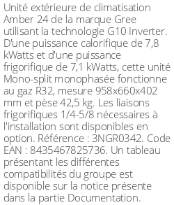 Unité extérieure Amber 24 7.8 kWatts - R32 - Gree - Réf : 3NGR0342