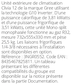 Unité extérieure Clivia 12 3.81 kWatts - R32 - Gree - Réf : 3NGR0552