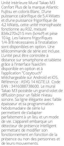 Split mural Takao M3 Confort Plus - 5.4 kWatts - R32 - Atlantic Fujitsu - Réf : ASYG 14 KGTE.UI