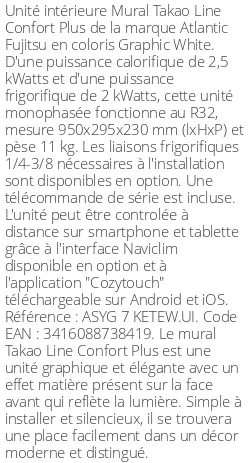 Split mural Takao Line Confort Plus - 2.5 kWatts Graphic White - R32 - Atlantic Fujitsu - Réf : ASYG 7 KETEW.UI