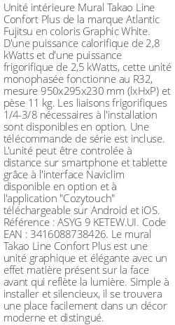 Split mural Takao Line Confort Plus - 2.8 kWatts Graphic White - R32 - Atlantic Fujitsu - Réf : ASYG 9 KETEW.UI