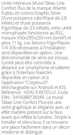 Split mural Takao Line Confort Plus - 2.8 kWatts Graphic Silver - R32 - Atlantic Fujitsu - Réf : ASYG 9 KETES.UI