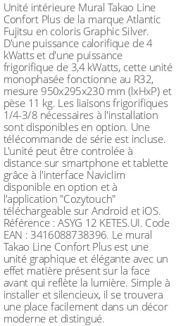 Split mural Takao Line Confort Plus - 4 kWatts Graphic Silver - R32 - Atlantic Fujitsu - Réf : ASYG 12 KETES.UI