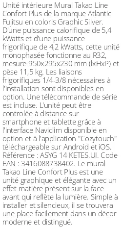 Split mural Takao Line Confort Plus - 5.4 kWatts Graphic Silver - R32 - Atlantic Fujitsu - Réf : ASYG 14 KETES.UI
