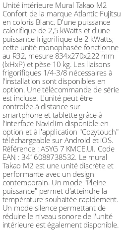 Split mural Takao M2 Confort - 2.5 kWatts - R32 - Atlantic Fujitsu - Réf : ASYG 7 KMCE.UI