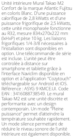 Split mural Takao M2 Confort - 2.8 kWatts - R32 - Atlantic Fujitsu - Réf : ASYG 9 KMCE.UI