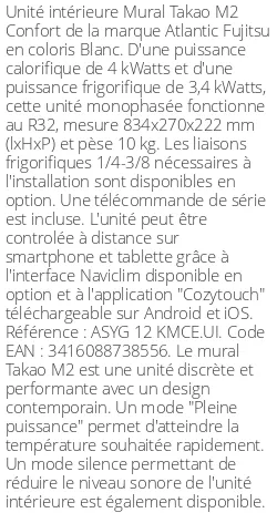 Split mural Takao M2 Confort - 4 kWatts - R32 - Atlantic Fujitsu - Réf : ASYG 12 KMCE.UI