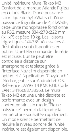 Split mural Takao M2 Confort - 5.4 kWatts - R32 - Atlantic Fujitsu - Réf : ASYG 14 KMCE.UI
