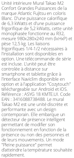 Split mural Takao M2 Confort Grandes Puissances - 6.3 kWatts - R32 - Atlantic Fujitsu - Réf : ASYG 18 KMTE.UI