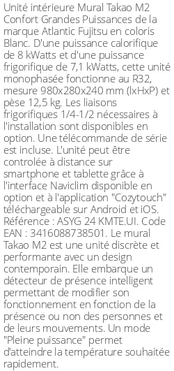 Split mural Takao M2 Confort Grandes Puissances - 8 kWatts - R32 - Atlantic Fujitsu - Réf : ASYG 24 KMTE.UI