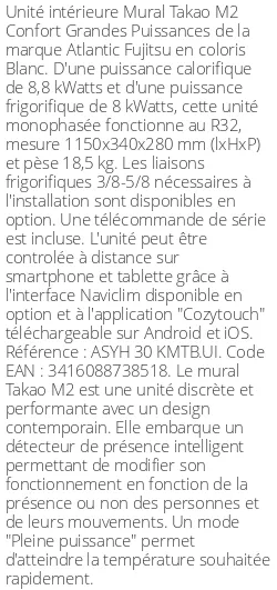 Split mural Takao M2 Confort Grandes Puissances - 8.8 kWatts - R32 - Atlantic Fujitsu - Réf : ASYH 30 KMTB.UI