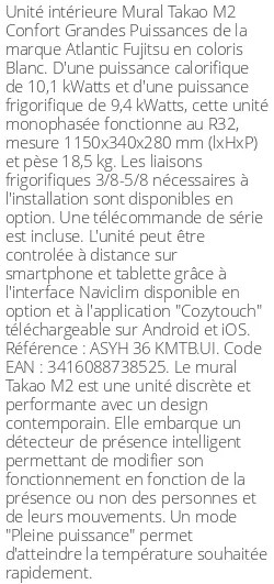 Split mural Takao M2 Confort Grandes Puissances - 10.1 kWatts - R32 - Atlantic Fujitsu - Réf : ASYH 36 KMTB.UI