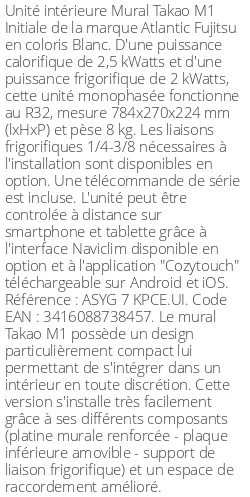 Split mural Takao M1 Initiale - 2.5 kWatts - R32 - Atlantic Fujitsu - Réf : ASYG 7 KPCE.UI