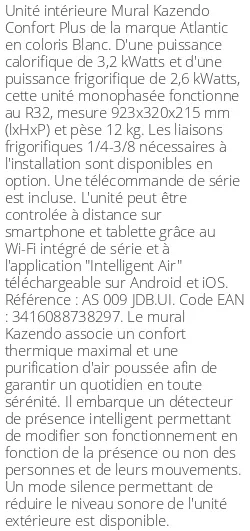 Split mural Kazendo Confort Plus - 3.2 kWatts - R32 - Atlantic - Réf : AS 009 JDB.UI