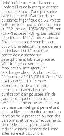 Split mural Kazendo Confort Plus - 6 kWatts - R32 - Atlantic - Réf : AS 018 JDB.UI