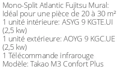 Climatiseur Mural Takao M3 Confort Plus, 2,5 kWatts