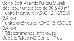 Climatiseur Mural Takao M3 Confort Plus, 3,4 kWatts