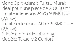 Climatiseur Mural Takao M2 Confort, 2,5 kWatts