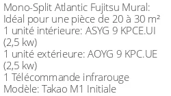 Climatiseur Mural Takao M1 Initiale, 2,5 kWatts