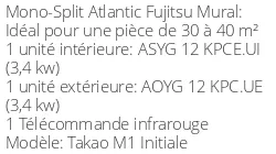 Climatiseur Mural Takao M1 Initiale, 3,4 kWatts