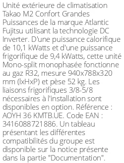 Unité extérieure Takao M2 Confort Grandes Puissances 10.1 kWatts - R32 - Atlantic Fujitsu - Réf : AOYH 36 KMTB.UE