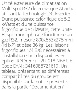 Unité extérieure Multi-split 5,2 kWatts 2 sorties - R32 - Atlantic - Réf : 2U 018 NBB.UE