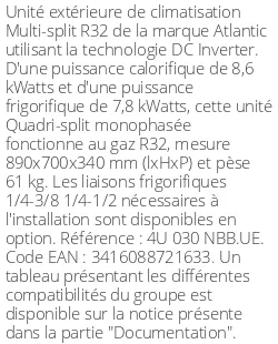 Unité extérieure Multi-split 8,6 kWatts 4 sorties - R32 - Atlantic - Réf : 4U 030 NBB.UE