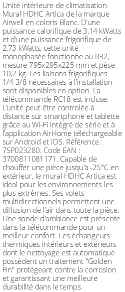 Unité intérieure Mural HDHC Artica, 3.14 kWatts R32
