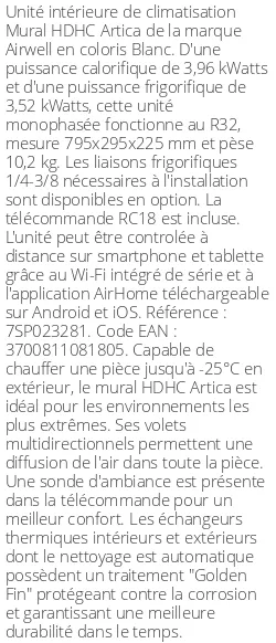 Unité intérieure Mural HDHC Artica, 3.96 kWatts R32