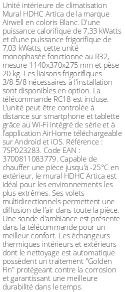 Unité intérieure Mural HDHC Artica, 7.33 kWatts R32