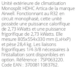Unité extérieure HDHC Artica, 3.14 kWatts R32