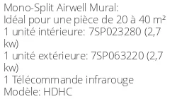 Climatiseur Mural HDHC Artica, 2,73 kWatts