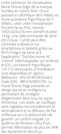 Split mural Shorai Edge - 6 kWatts Noir - R32 - Toshiba - Réf : RAS-B18G3KVSGB-E