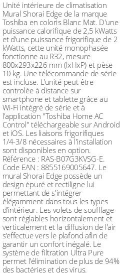 Split mural Shorai Edge - 2.5 kWatts Blanc Mat - R32 - Toshiba - Réf : RAS-B07G3KVSG-E