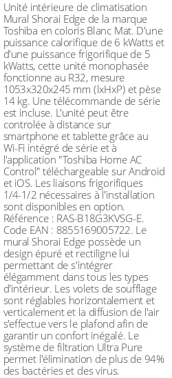 Split mural Shorai Edge - 6 kWatts Blanc Mat - R32 - Toshiba - Réf : RAS-B18G3KVSG-E