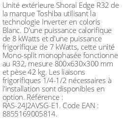 Unité extérieure Shorai Edge 8 kWatts - R32 - Toshiba - Réf : RAS-24J2AVSG-E1