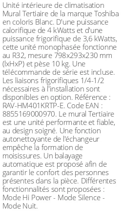 Split mural Tertiaire - 4 kWatts - R32 - Toshiba - Réf : RAV-HM401KRTP-E