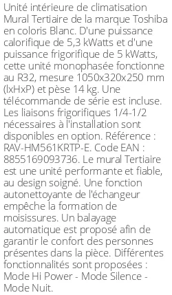Split mural Tertiaire - 5.6 kWatts - R32 - Toshiba - Réf : RAV-HM561KRTP-E