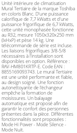 Split mural Tertiaire - 8 kWatts - R32 - Toshiba - Réf : RAV-HM801KRTP-E