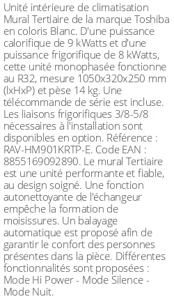 Split mural Tertiaire - 9 kWatts - R32 - Toshiba - Réf : RAV-HM901KRTP-E