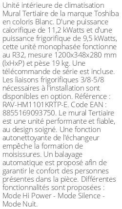 Split mural Tertiaire - 11.2 kWatts - R32 - Toshiba - Réf : RAV-HM1101KRTP-E